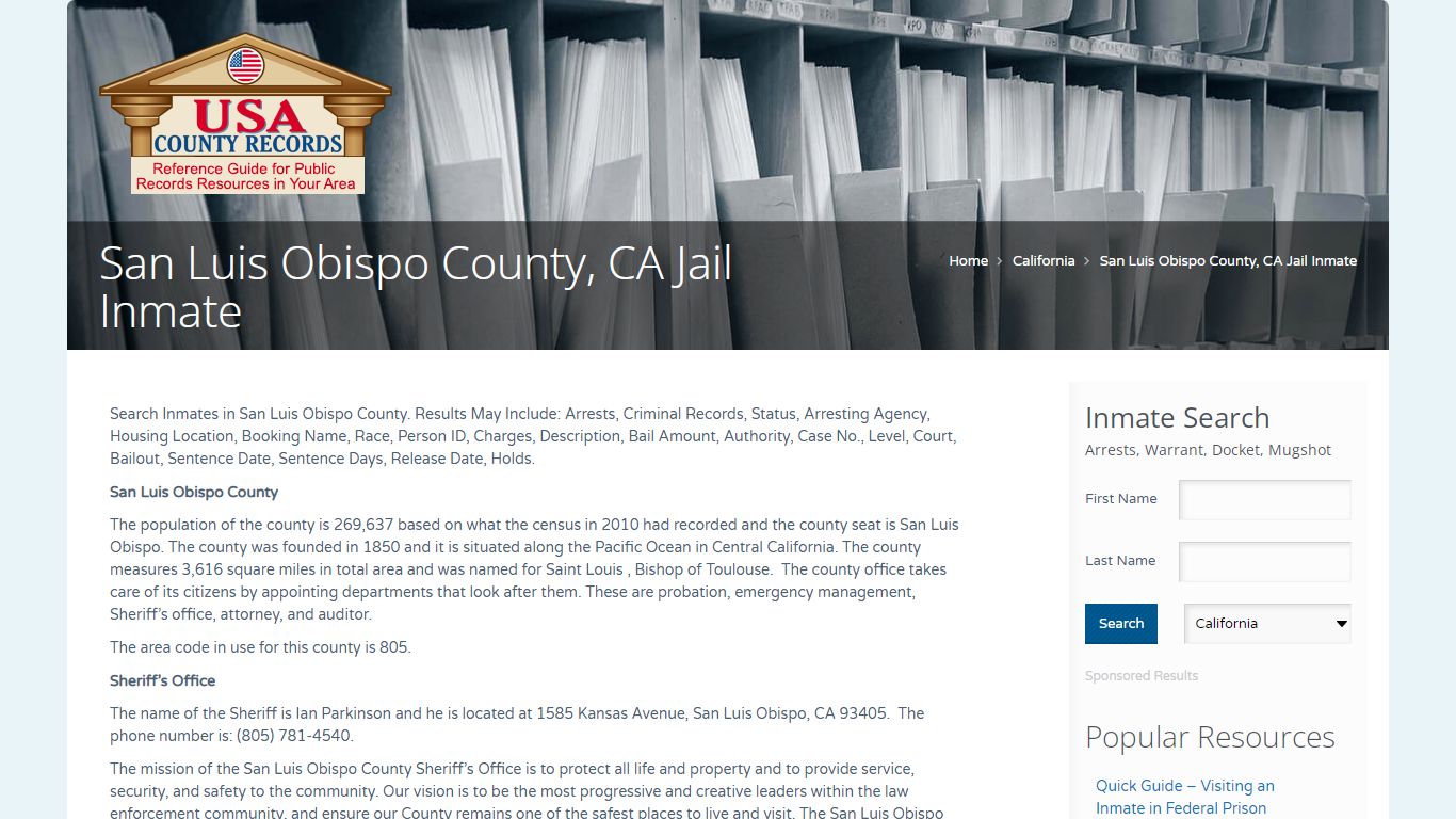 San Luis Obispo County, CA Jail Inmate | Name Search